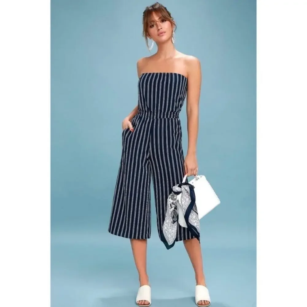 Lulus Jumpsuit Saltwater and Sun Navy Blue Striped Strapless Midi Women’s M